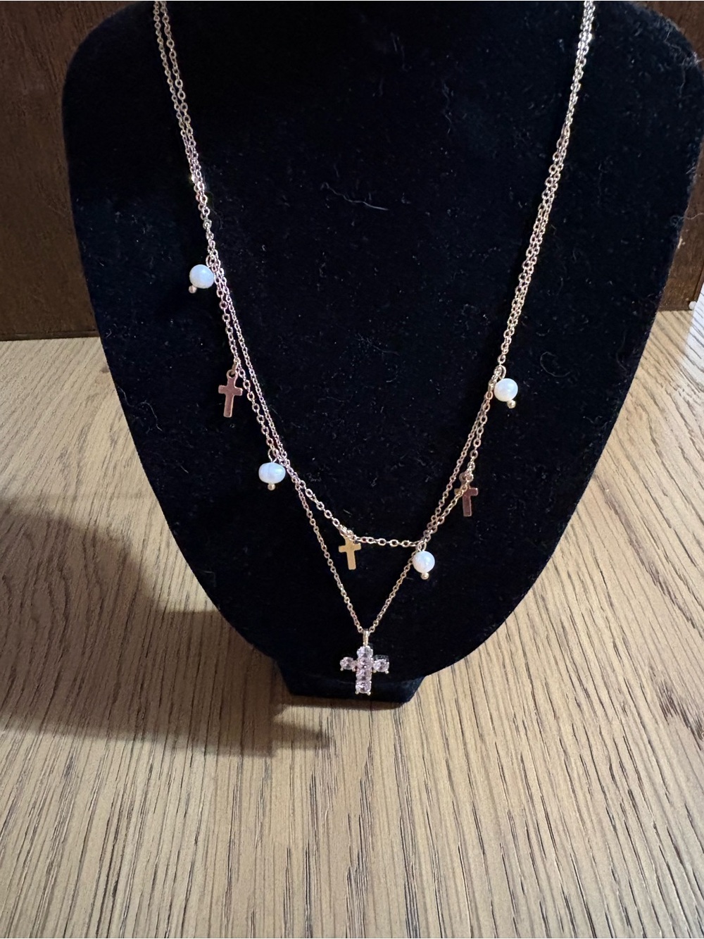 Park Lane Rose Gold Layered Cross Necklace with Pearls